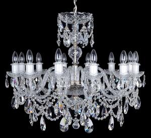 Stříbrný křišťálový lustr s 12-ti rameny a broušenými vachtlemi