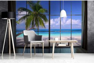 DIMEX | Vliesové fototapety na zeď Pláž za oknem MS-5-0203 | 375 x 250 cm| zelená, modrá, bílá, šedá