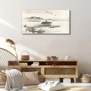 Obraz na plátně Obraz na plátně Jezero Chata hory ptáci