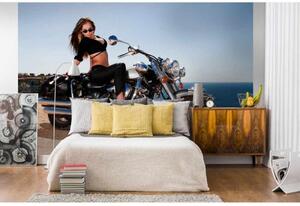 DIMEX | Vliesové fototapety na zeď Dívka na motorce MS-5-0312 | 375 x 250 cm| modrá, béžová, černá, metalická