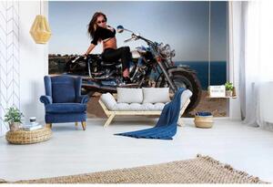 DIMEX | Vliesové fototapety na zeď Dívka na motorce MS-5-0312 | 375 x 250 cm| modrá, béžová, černá, metalická