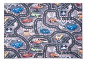 Makro Abra Dětský kusový koberec FLANNEL PRINTED B-605 Závodní Auta Ulice šedý Rozměr: 80x150 cm