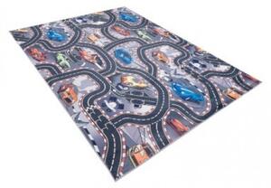 Makro Abra Dětský kusový koberec FLANNEL PRINTED B-605 Závodní Auta Ulice šedý Rozměr: 80x150 cm