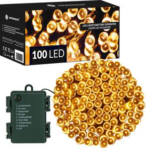 LED světelný řetěz - 10m, 100LED, 8 funkcí, 3xAA, IP44, teplá bílá
