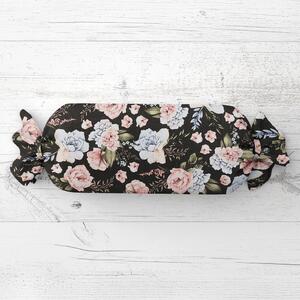 Biante Polštář válec bonbon Sandra SA-449 Modro-růžové květiny na černém 15x40 cm