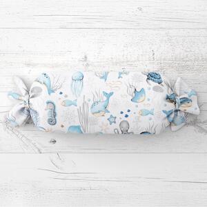Biante Dětský polštář válec bonbon Sandra SA-442 Mořský svět modrý na bílém 15x80 cm