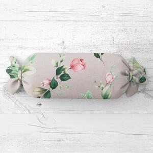Biante Polštář válec bonbon Sandra SA-452 Růžové květy na šedém 15x40 cm