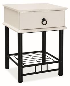 Noční stolek se zásuvkou v bílé barvě na černé kovové konstrukci KN789