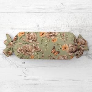 Biante Polštář válec bonbon Sandra SA-472 Hnědé květy magnolie na zeleném 15x40 cm