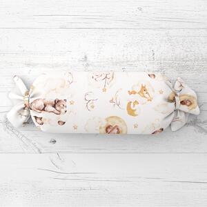 Biante Dětský polštář válec bonbon Sandra SA-456 Medvídci zajíčci a veverky v oblacích na bílém 15x40 cm