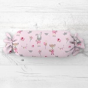 Biante Dětský polštář válec bonbon Sandra SA-466 Zajíčci a lišky s balónky na růžovém 15x60 cm