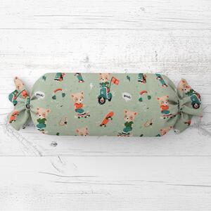 Biante Dětský polštář válec bonbon Sandra SA-468 Méďové na motorkách na zeleném 15x40 cm