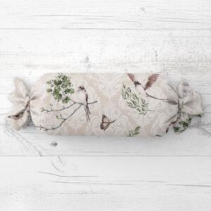 Biante Polštář válec bonbon Sandra SA-490 Vlaštovky s motýlky na béžovém ornamentu 15x40 cm