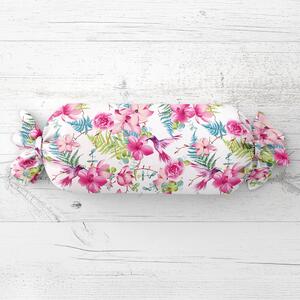 Biante Polštář válec bonbon Sandra SA-493 Kolibříci s růžovými květy na bílém 15x40 cm