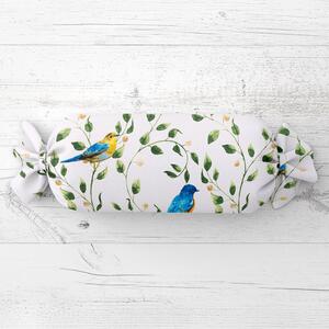 Biante Polštář válec bonbon Sandra SA-501 Modří ptáčci a větvičky na bílém 15x40 cm