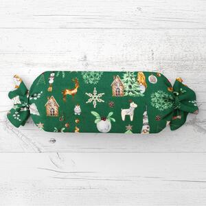 Biante Vánoční polštář válec bonbon Sandra SA-508 Vánoční skřítci a ozdoby na zeleném 15x80 cm