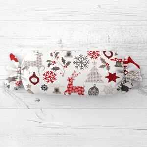 Biante Polštář válec bonbon Sandra SA-541 Šedo-červené vánoční motivy na bílém 15x40 cm