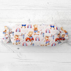Biante Dětský polštář válec bonbon Sandra SA-521 Modro-červení pejsci s auty na bílém 15x40 cm