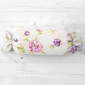 Biante Polštář válec bonbon Sandra SA-532 Fialové květiny s motýlky na světle krémovém 15x40 cm