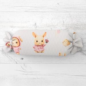 Biante Dětský polštář válec bonbon Sandra SA-538 Růžoví zajíčci a ptáčci na bílém 15x40 cm