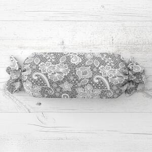Biante Polštář válec bonbon Sandra SA-550 Bílá krajka na šedém 15x40 cm