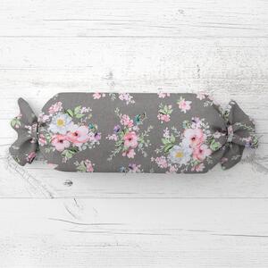Biante Polštář válec bonbon Sandra SA-553 Růžové květiny na šedém 15x40 cm