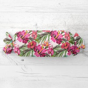 Biante Polštář válec bonbon Sandra SA-555 Růžovo-červené havajské květy na bílém 15x40 cm