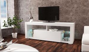 Televizní stolek 140x34 cm s výklopnými dvířky v bílém lesku KN1186