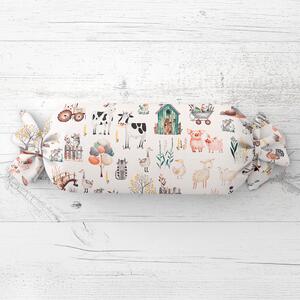 Biante Dětský polštář válec bonbon Sandra SA-563 Zvířátka na farmě na bílém 15x40 cm
