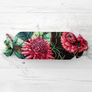 Biante Polštář válec bonbon Sandra SA-566 Velké tropické květy a listy na černém 15x40 cm