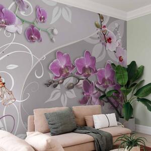 Fototapeta Let purpurových orchidejí - květiny na pozadí s fantaskními prvky