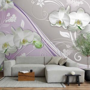 Fototapeta Bílé orchideje - květinový motiv na šedém pozadí s prvky fialové