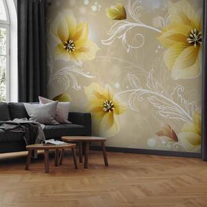 Fototapeta Květinový motiv - žluté květy na béžovém pozadí s fantazijním vzorem