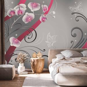 Fototapeta Růžový akcent - orchideje v kompozici s ornamenty na šedém pozadí