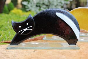 BDK-GLASS Skleněná dekorativní kočka protahující se - černá