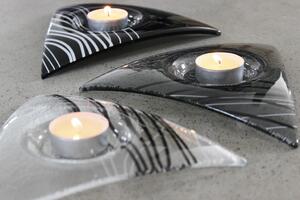 BDK-GLASS Skleněný šedý svícen TRIANGL s černo-stříbrným motivem