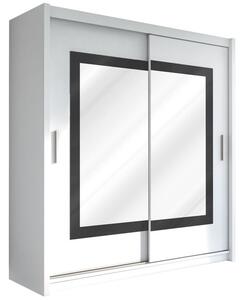 Velká šatní skříň o šířce 203 cm s posuvnými dveřmi a zrcadlem uprostřed v bílé barvě KN513