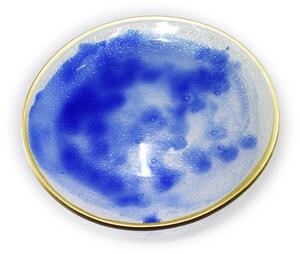 BDK-GLASS Kulatý skleněný talíř s malovaným dekorem a zlatým okrajem - modrý Průměr: 20cm