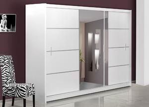 Šatní skříň se zrcadlem 250 cm s posuvnými bílými dveřmi a bílým korpusem KN535