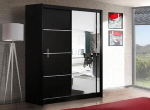Šatní skříň se zrcadlem 150 cm s posuvnými černými dveřmi a černým korpusem KN535