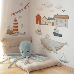 Dětská nálepka na zeď Sea voyage - velryba, loďky a domečky