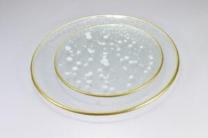 BDK-GLASS Skleněný dezertní talířek s bílým dekorem a zlatým okrajem
