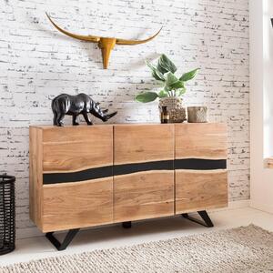 FineBuy Píborník z akáciového masivu 150 cm se 3 dvíky- Masivní retro komoda s hranou ze stromu - Designový pírodní píborník - Runí výroba Industrial