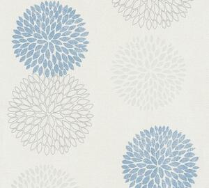 Vliesová tapeta na zeď Blooming 37264-2 | 0,53 x 10,05 m | bílá, modrá, metalická | A.S. Création