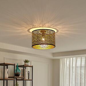 Lindby Stropní svítidlo Yonah, zlatá barva, kov, Ø 40 cm, E27, stmívatelný, Mosaz / zlato, Obývací pokoj / jídelna, Textil / tkanina / hedvábí, Venkovský / rustikální