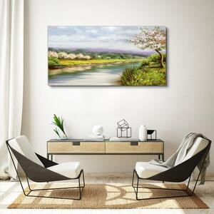 Obraz na plátně Obraz na plátně Strom řeka květiny krajina