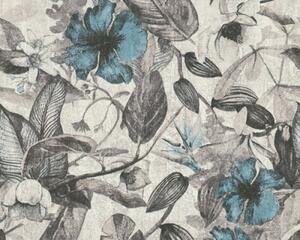 A.S. Création | Vliesová tapeta na zeď Greenery 37216-2 | 0,53 x 10,05 m | modrá, bílá, černá, šedá