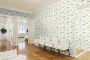 A.S. Création | Vliesová tapeta na zeď Pop Style 37483-1 | 0,53 x 10,05 m | modrá, bílá, žlutá, šedá