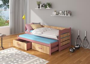 Dětská postel 90x200 cm s přistýlkou Zeya Růžová/dub zlatý