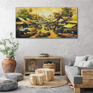 Obraz na plátně Obraz na plátně Lodě vesnice stromy obloha